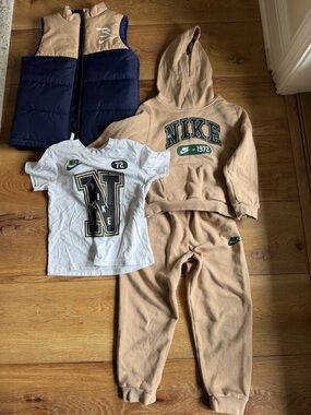 Nike Tan Hoodie & Joggers Set with White Tee and Navy/Tan Vest